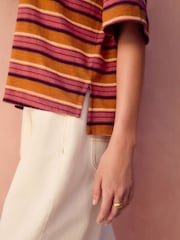 Tan Brown Stripe Linen Modal Blend Soft Touch Scoop Neck T-Shirt - Image 4 of 4