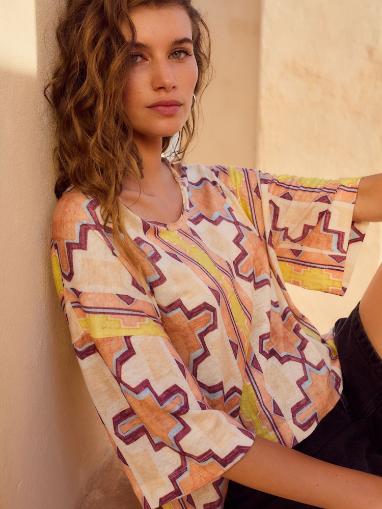 Yellow/Ecru/Brown Striped Tile Print Linen Modal Blend Soft Touch Scoop Neck T-Shirt - Image 1 of 8