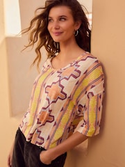Yellow/Ecru/Brown Striped Tile Print Linen Modal Blend Soft Touch Scoop Neck T-Shirt - Image 2 of 8