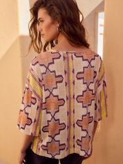 Yellow/Ecru/Brown Striped Tile Print Linen Modal Blend Soft Touch Scoop Neck T-Shirt - Image 3 of 8