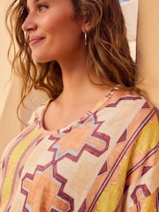 Yellow/Ecru/Brown Striped Tile Print Linen Modal Blend Soft Touch Scoop Neck T-Shirt - Image 4 of 8