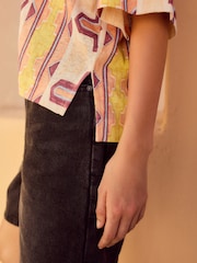 Yellow/Ecru/Brown Striped Tile Print Linen Modal Blend Soft Touch Scoop Neck T-Shirt - Image 5 of 8