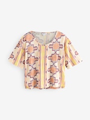 Yellow/Ecru/Brown Striped Tile Print Linen Modal Blend Soft Touch Scoop Neck T-Shirt - Image 6 of 8