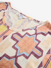 Yellow/Ecru/Brown Striped Tile Print Linen Modal Blend Soft Touch Scoop Neck T-Shirt - Image 8 of 8
