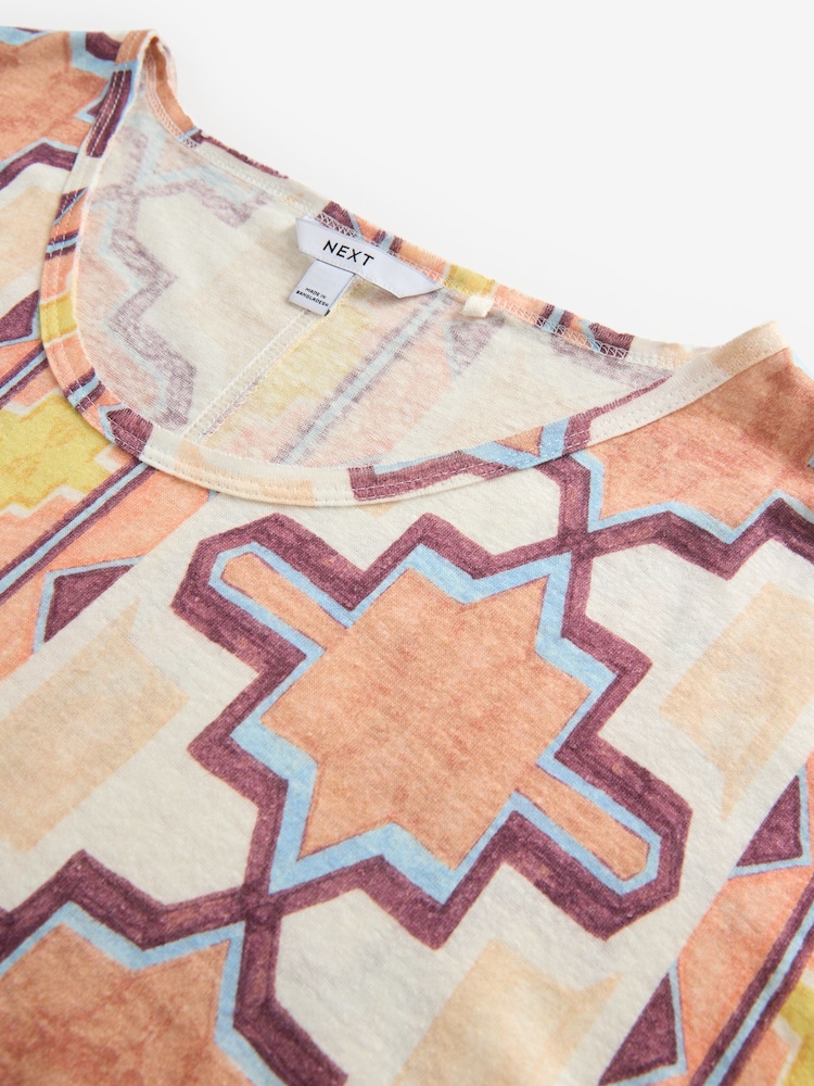 Yellow/Ecru/Brown Striped Tile Print Linen Modal Blend Soft Touch Scoop Neck T-Shirt - Image 8 of 8