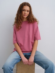 Burgundy Red Relaxed Fit Short Sleeve Seam Detail Skater Style 100% Cotton T-Shirt - Image 1 of 7