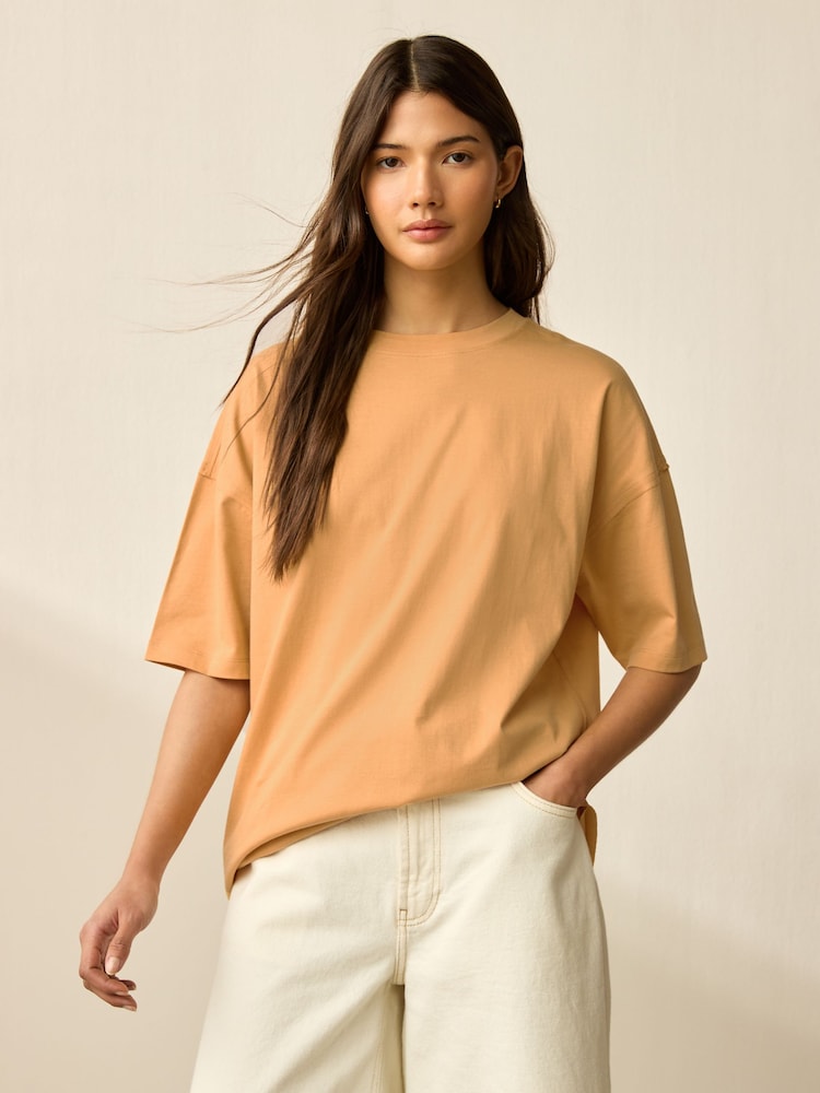 Ochre Yellow Relaxed Fit Short Sleeve Seam Detail Skater Style 100% Cotton T-Shirt - Image 1 of 6