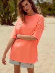 Fluro Orange Relaxed Fit Short Sleeve Seam Detail Skater Style 100% Cotton T-Shirt - Image 2 of 4
