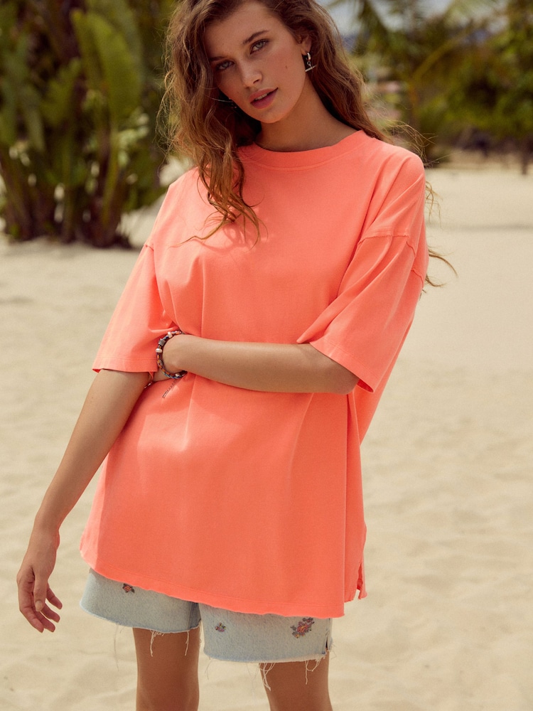 Fluro Orange Relaxed Fit Short Sleeve Seam Detail Skater Style 100% Cotton T-Shirt - Image 2 of 4