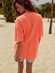 Fluro Orange Relaxed Fit Short Sleeve Seam Detail Skater Style 100% Cotton T-Shirt - Image 3 of 4