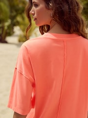 Fluro Orange Relaxed Fit Short Sleeve Seam Detail Skater Style 100% Cotton T-Shirt - Image 4 of 4
