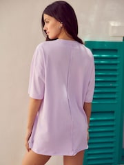 Lilac Purple  Coastal Dinner Front Graphic Relaxed Fit Short Sleeve Seam Detail Skater Style 100% Cotton T-Shirt - Image 3 of 7