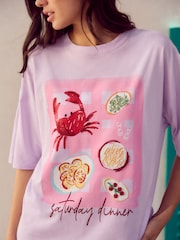 Lilac Purple  Coastal Dinner Front Graphic Relaxed Fit Short Sleeve Seam Detail Skater Style 100% Cotton T-Shirt - Image 4 of 7