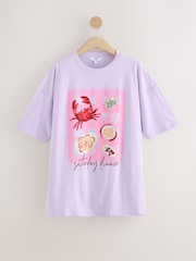 Lilac Purple  Coastal Dinner Front Graphic Relaxed Fit Short Sleeve Seam Detail Skater Style 100% Cotton T-Shirt - Image 5 of 7