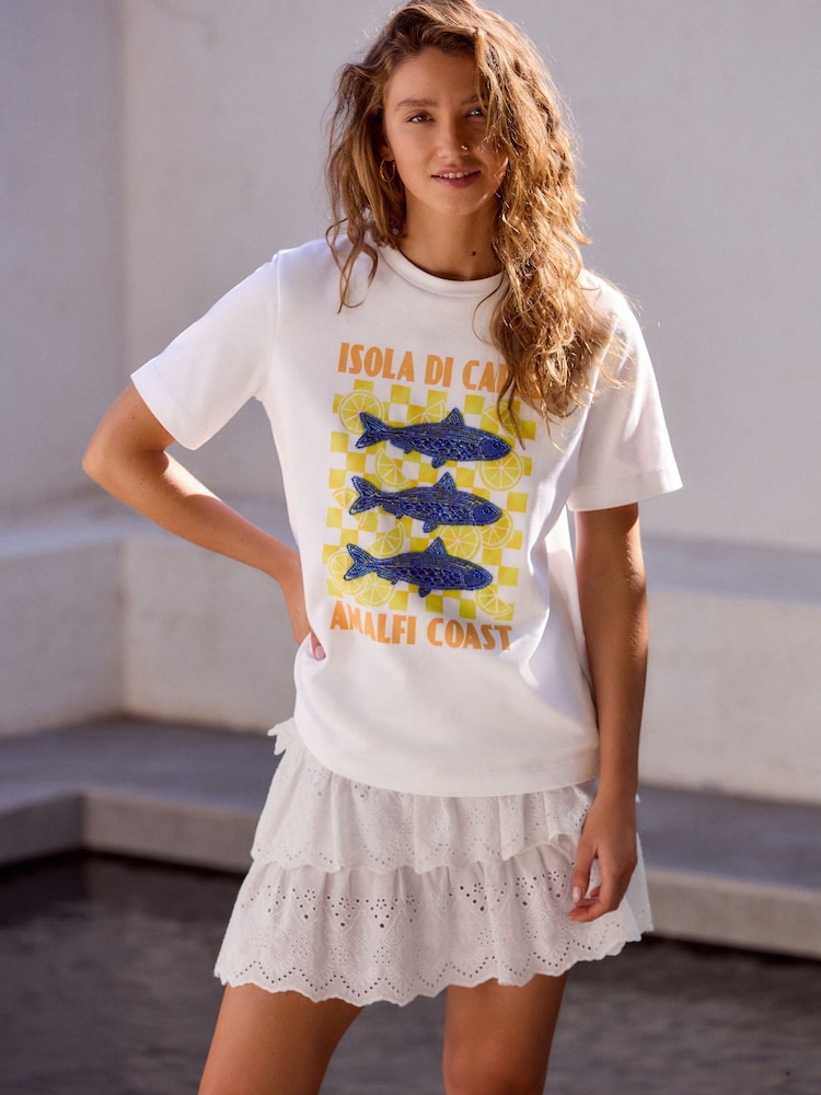 White Amalfi Fish Graphic Heavyweight Short Sleeve Crew Neck 100% Cotton T-Shirt - Image 1 of 6
