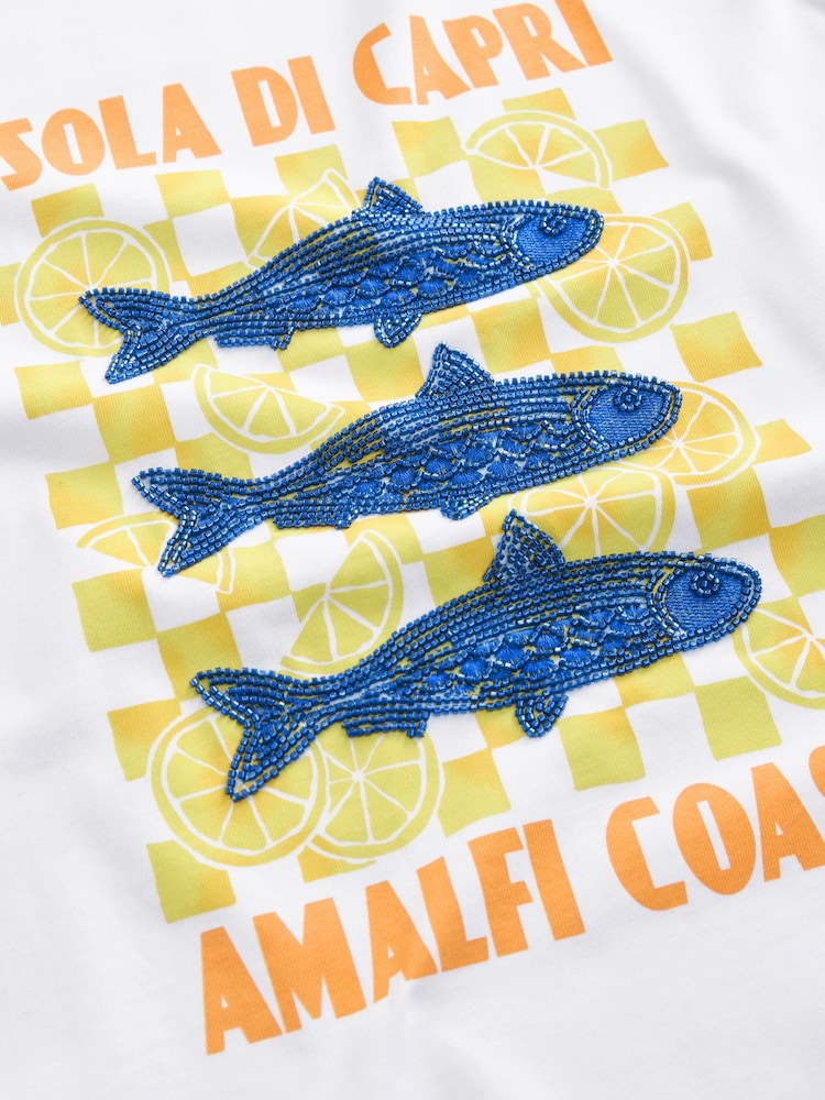 White Amalfi Fish Graphic Heavyweight Short Sleeve Crew Neck 100% Cotton T-Shirt - Image 2 of 6