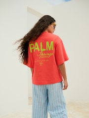 Red Oversized City Graphic Short Sleeve Crewneck 100% Cotton T-Shirt - Image 1 of 9