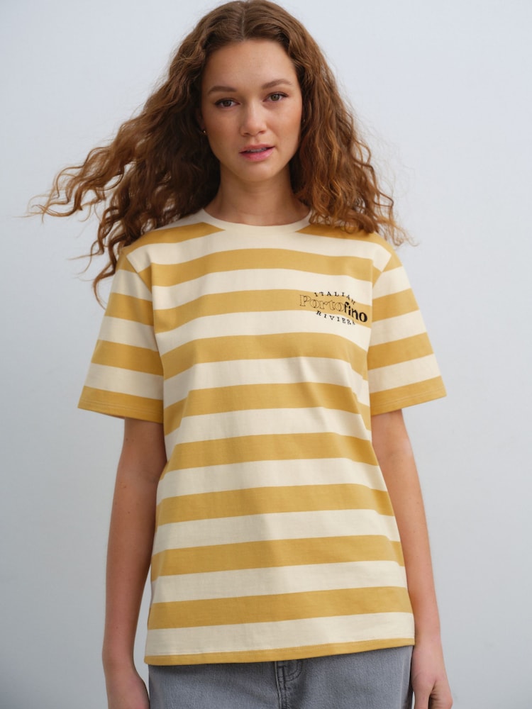 Gelb/Ecru Portofino Grafikstreifen - Schweres T-Shirt mit Rundhalsausschnitt - Bild 2 von 8 Gelb/Ecru Portofino Grafikstreifen - Schweres T-Shirt mit Rundhalsausschnitt - Bild 2 von 8