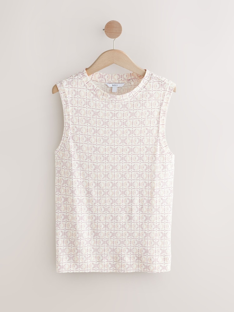 Ecru Tile Print Linen Modal Soft Touch Sleeveless Crew Neck Tank Vest Top - Image 1 of 3
