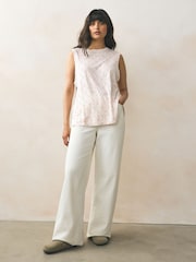 Ecru Tile Print Linen Modal Soft Touch Sleeveless Crew Neck Tank Vest Top - Image 4 of 7