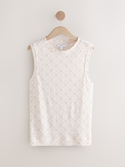 Ecru Tile Print Linen Modal Soft Touch Sleeveless Crew Neck Tank Vest Top - Image 5 of 7