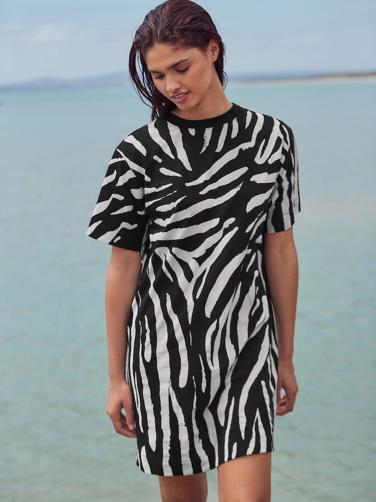 Black/Ecru Zebra Print 100% Cotton T-Shirt Dress - Image 2 of 7