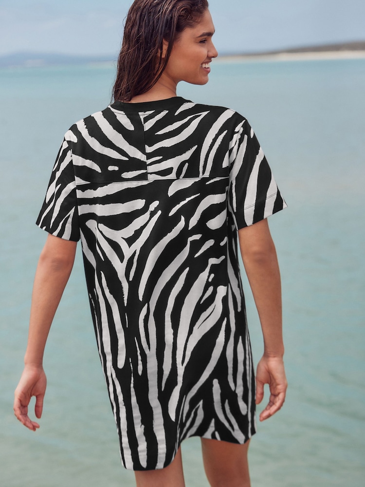 Black/Ecru Zebra Print 100% Cotton T-Shirt Dress - Image 4 of 7