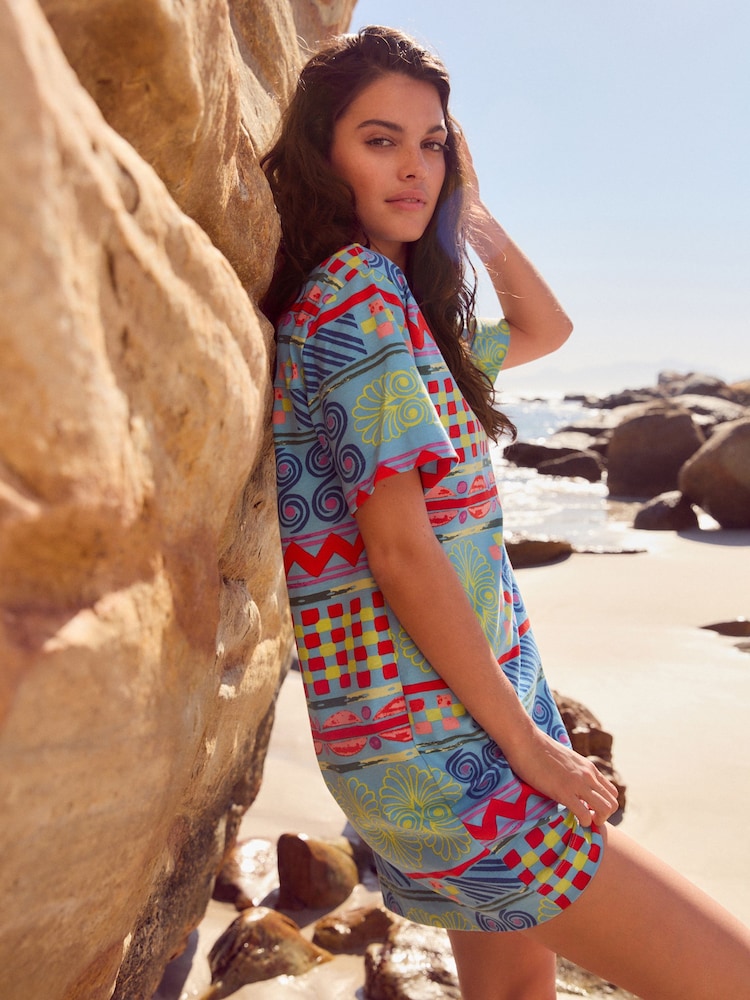Blue Multi Print Graphic 100% Cotton T-Shirt Dress - Image 1 of 7