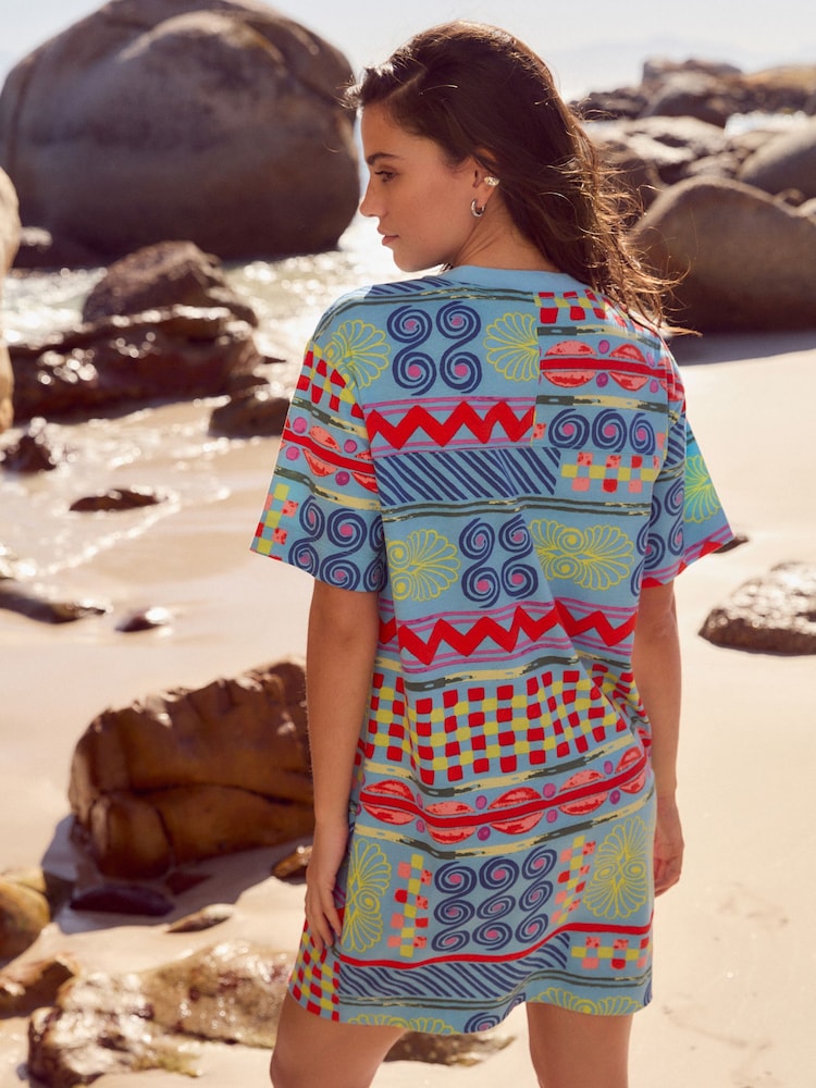 Blue Multi Print Graphic 100% Cotton T-Shirt Dress - Image 2 of 7