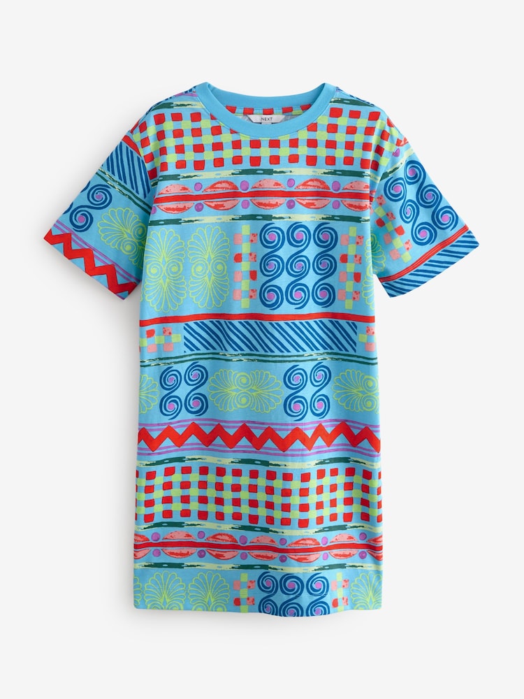 Blue Multi Print Graphic 100% Cotton T-Shirt Dress - Image 5 of 7