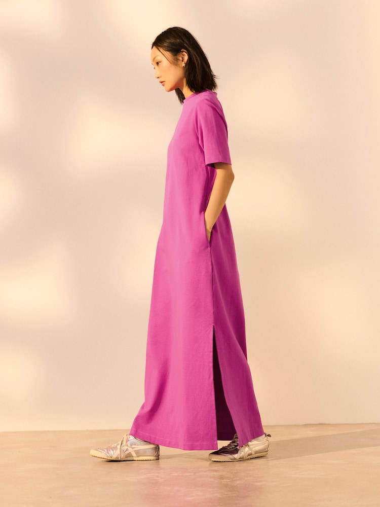 Bright Pink Heavyweight Short Sleeve Crew Neck Maxi T-Shirt Dress - Image 2 of 7