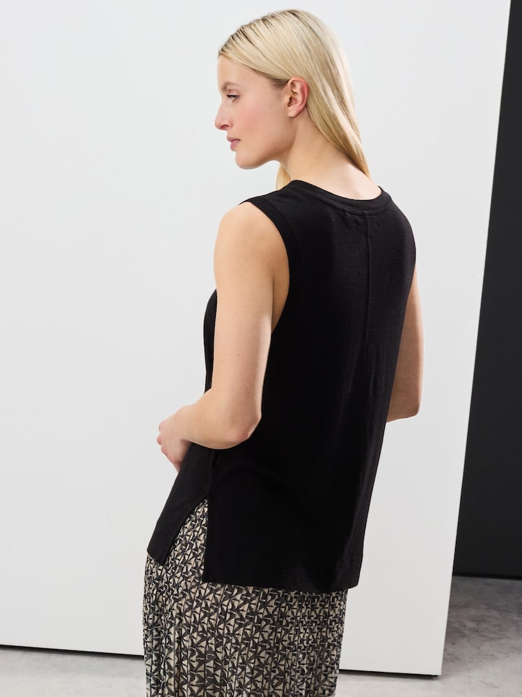 Black Linen Modal Soft Touch Sleeveless Crew Neck Tank Vest Top - Image 3 of 4