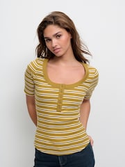 Ecru/Olive Wide Rib Short Sleeve Button Henley Top - Image 1 of 6