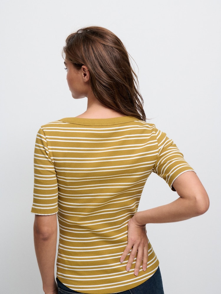 Ecru/Olive Wide Rib Short Sleeve Button Henley Top - Image 2 of 6