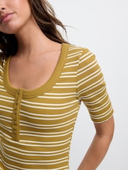Ecru/Olive Wide Rib Short Sleeve Button Henley Top - Image 4 of 6