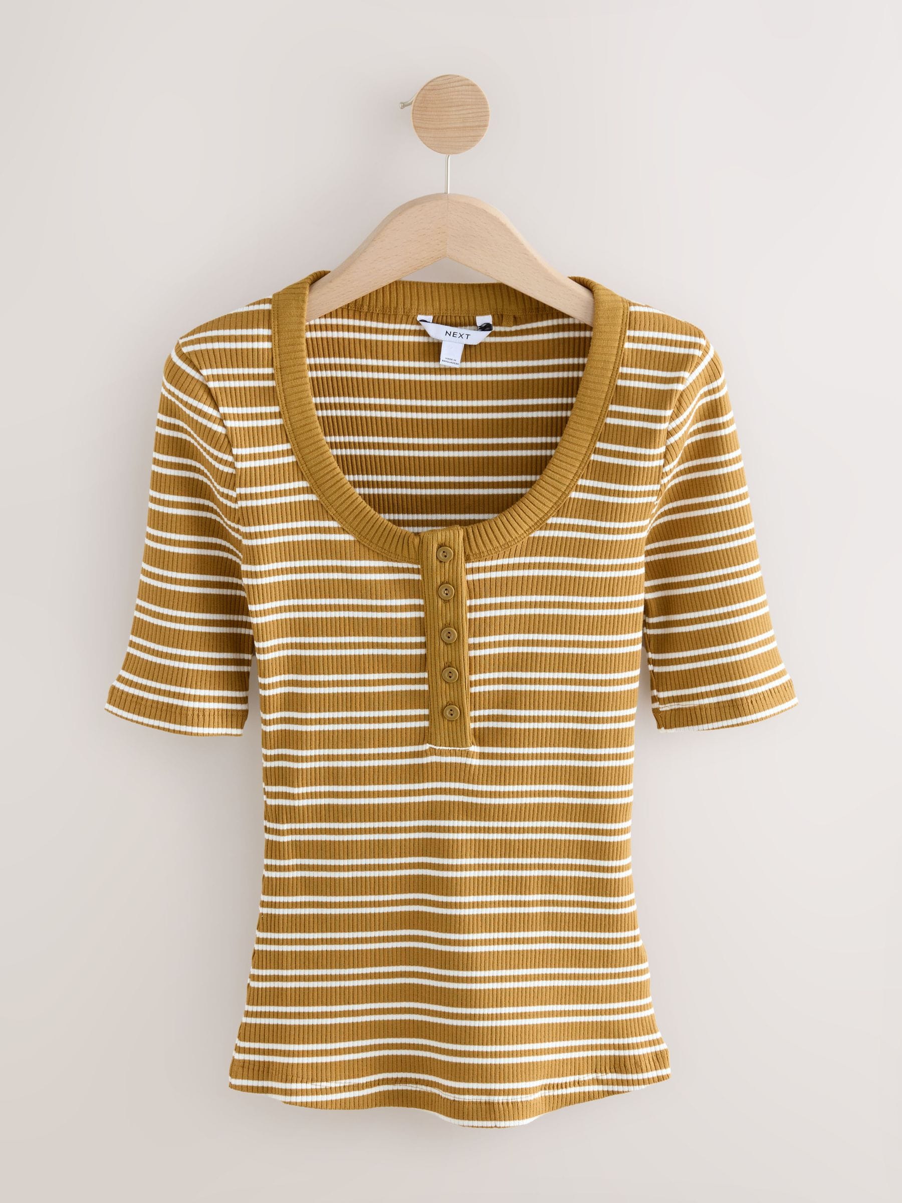 Buy Ecru/Olive Wide Rib Short Sleeve Button Henley Top from Next