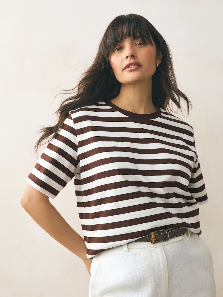 Chocolate Brown Stripe Heavyweight Short Sleeve Crew Neck T-Shirt - Image 1 of 3