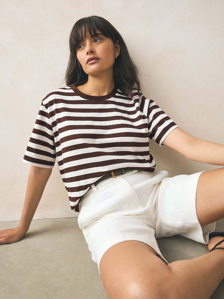 Chocolate Brown Stripe Heavyweight Short Sleeve Crew Neck T-Shirt - Image 2 of 7 Chocolate Brown Stripe Heavyweight Short Sleeve Crew Neck T-Shirt - Image 2 of 7