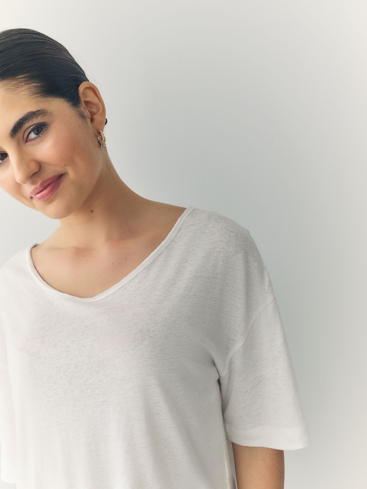 Ecru - Linen Modal Blend Soft Touch Scoop Neck T-Shirt - Image 4 of 8
