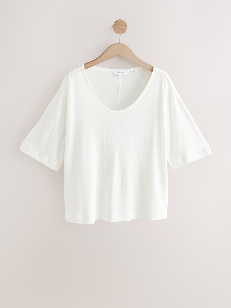 Ecru - Linen Modal Blend Soft Touch Scoop Neck T-Shirt - Image 6 of 8