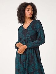 Roman Green Floral Contrast Trim Stretch Dress - Image 1 of 5