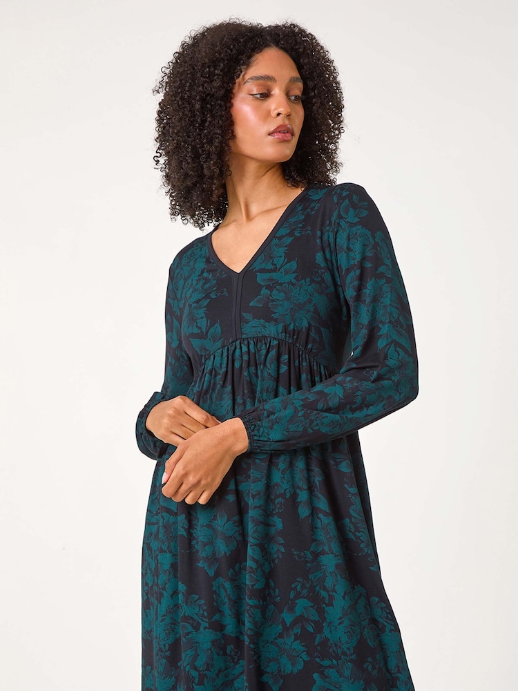 Roman Green Floral Contrast Trim Stretch Dress - Image 1 of 5