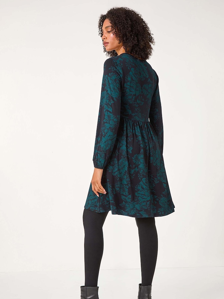 Roman Green Floral Contrast Trim Stretch Dress - Image 2 of 5