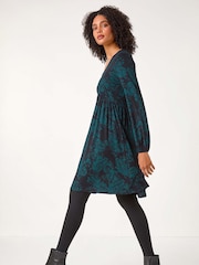 Roman Green Floral Contrast Trim Stretch Dress - Image 3 of 5