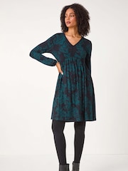 Roman Green Floral Contrast Trim Stretch Dress - Image 4 of 5