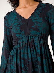 Roman Green Floral Contrast Trim Stretch Dress - Image 5 of 5