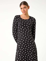 Roman Black Bow Print Lace Detail Stretch Dress - Image 1 of 6