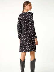 Roman Black Bow Print Lace Detail Stretch Dress - Image 3 of 6