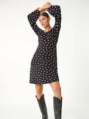 Roman Black Bow Print Lace Detail Stretch Dress - Image 4 of 6