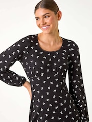 Roman Black Bow Print Lace Detail Stretch Dress - Image 5 of 6